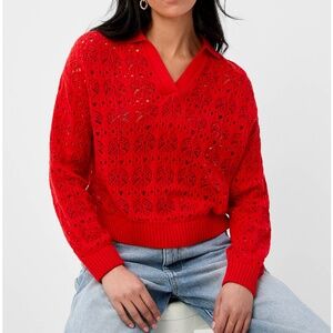 Saint Tropez red Johnny collar openwork crochet sweater NWT